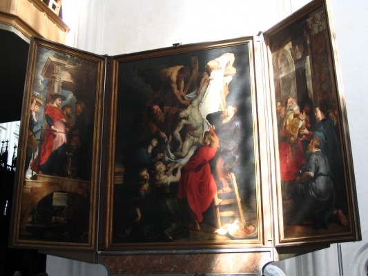 Rubens' Descent of the Cross inside the cathedral. He also painted the backside of the two side panels. The theme is the carrying of Christ and it has Mary pregnant on the left and presenting him to Simon in the temple on the right, and then carrying him down from the cross.