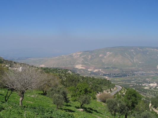View from Umm Qais -- Golan Heights are in the background on the right, and the Sea of Galilee is further back on the left (a bit hard to see because of the haze)