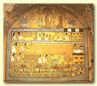 The interior of the Senerjem tomb, a high gov't official, showing the Nile in flood and harvest.